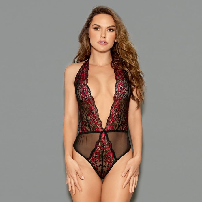 TWO-TONE LACE AND MESH TEDDY