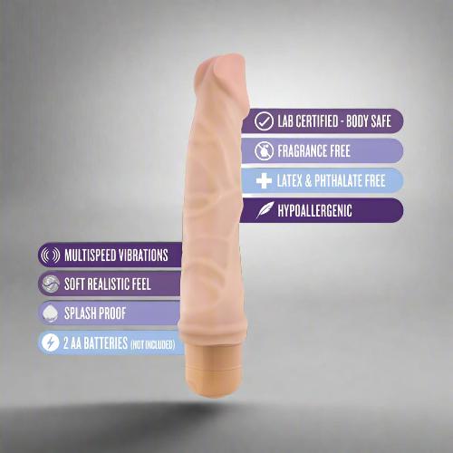 The doctor is in! The Dr. Skin Cock Vibe 6 is a long, realistic vibrator with a prominent head. Control the toy's powerful, throbbing vibrations with the convenient twist-dial base. The Dr. Skin Vibe 6 is waterproof, so it's perfect for shower and bath time. Made of non-porous, body safe PVC, this vibe contains no phthalates, latex, paraffins, or chemical fragrances. To clean, use soap and water or a toy cleaner, then let air-dry. 9 Inch Length (7.5 Inch Insertable) x 1.5 Inch Width Adjustable Multi-Speed V