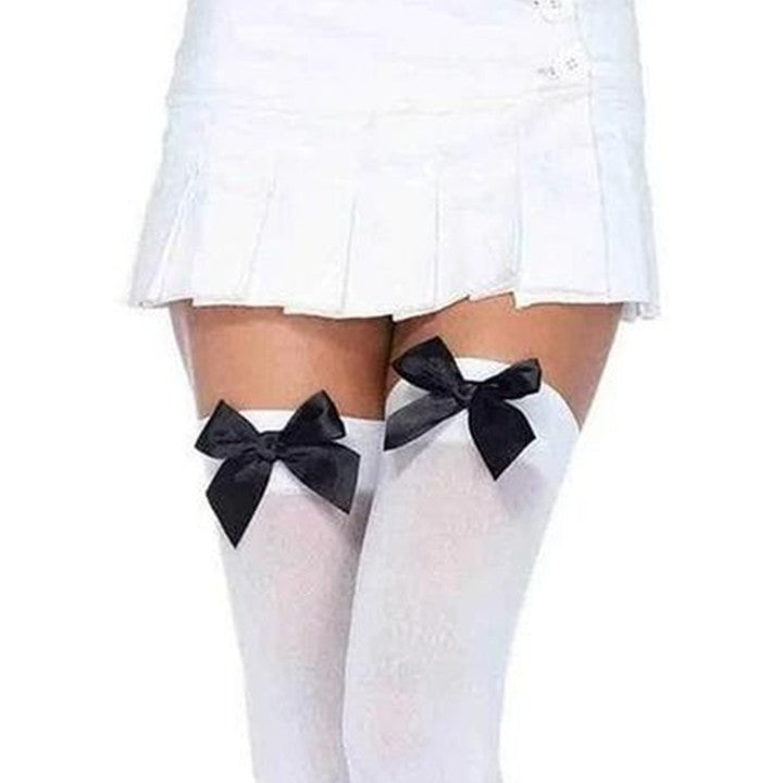 Cloud 9 Lingerie | Sexy Lingerie in Corpus Christi | WHITE OPAQUE THIGH HIGH STOCKINGS WITH WHITE SATIN BOWS