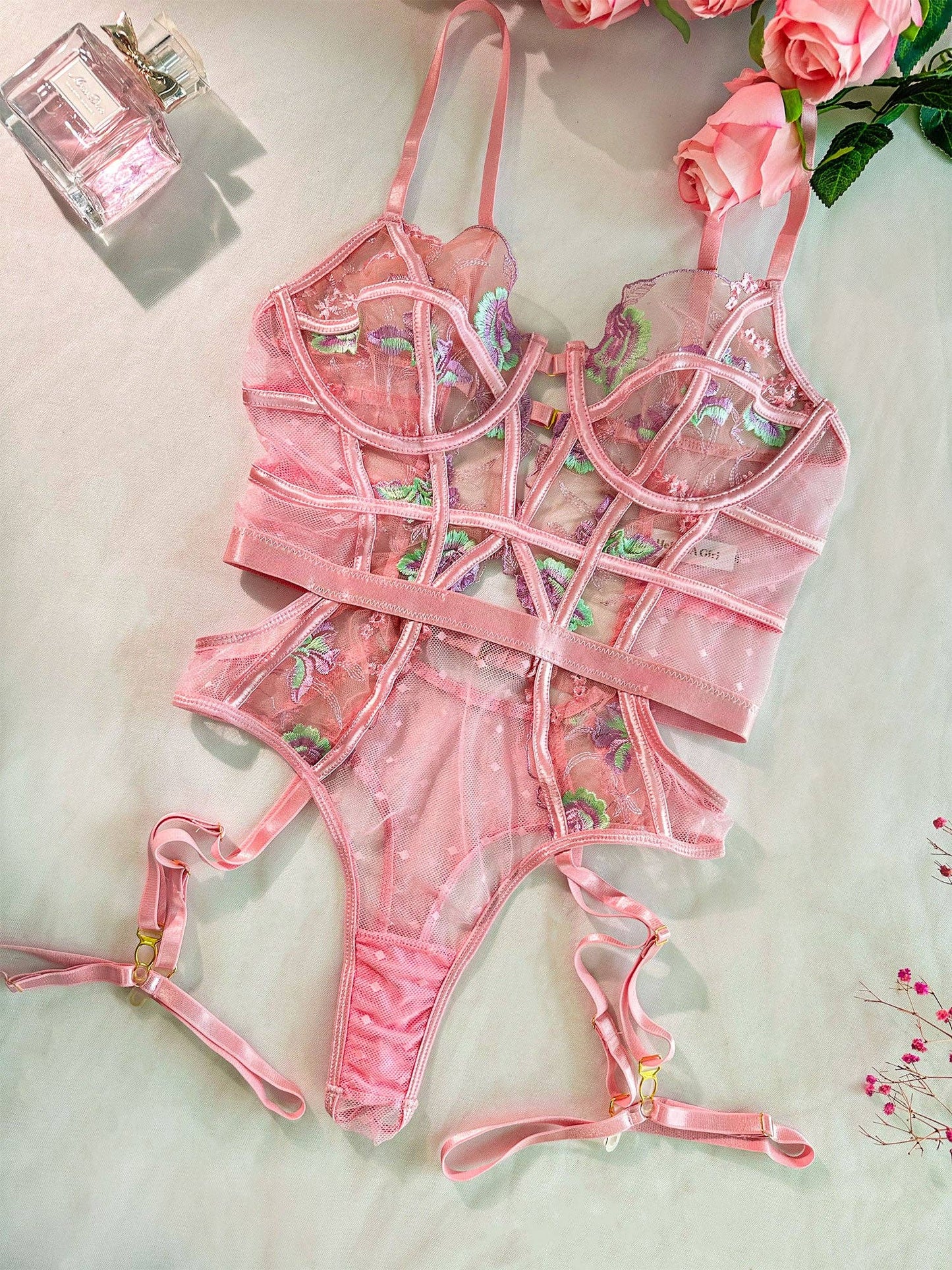 Pink Deluxe Floral Embroidered Lingerie