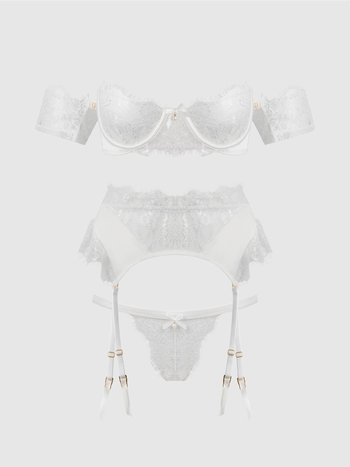 BRIDAL SATIN & LACE STRAPLESS BRA, GARTER BELT & TANGA SET