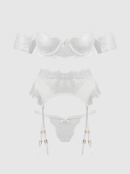 BRIDAL SATIN & LACE STRAPLESS BRA, GARTER BELT & TANGA SET