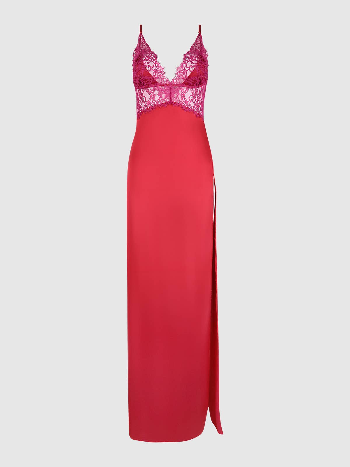 JOCELYN SATIN & LACE LONG HIGH SLIT GOWN