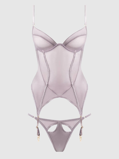 RAQUEL MESH & SILKY MICRO UNDERWIRE BUSTIER & BACKLESS TANGA SET