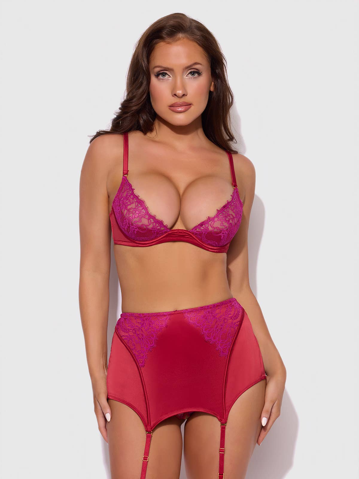 JOCELYN LACE & SATIN BRA, SKIRT & CROTCHLESS G-STRING SET