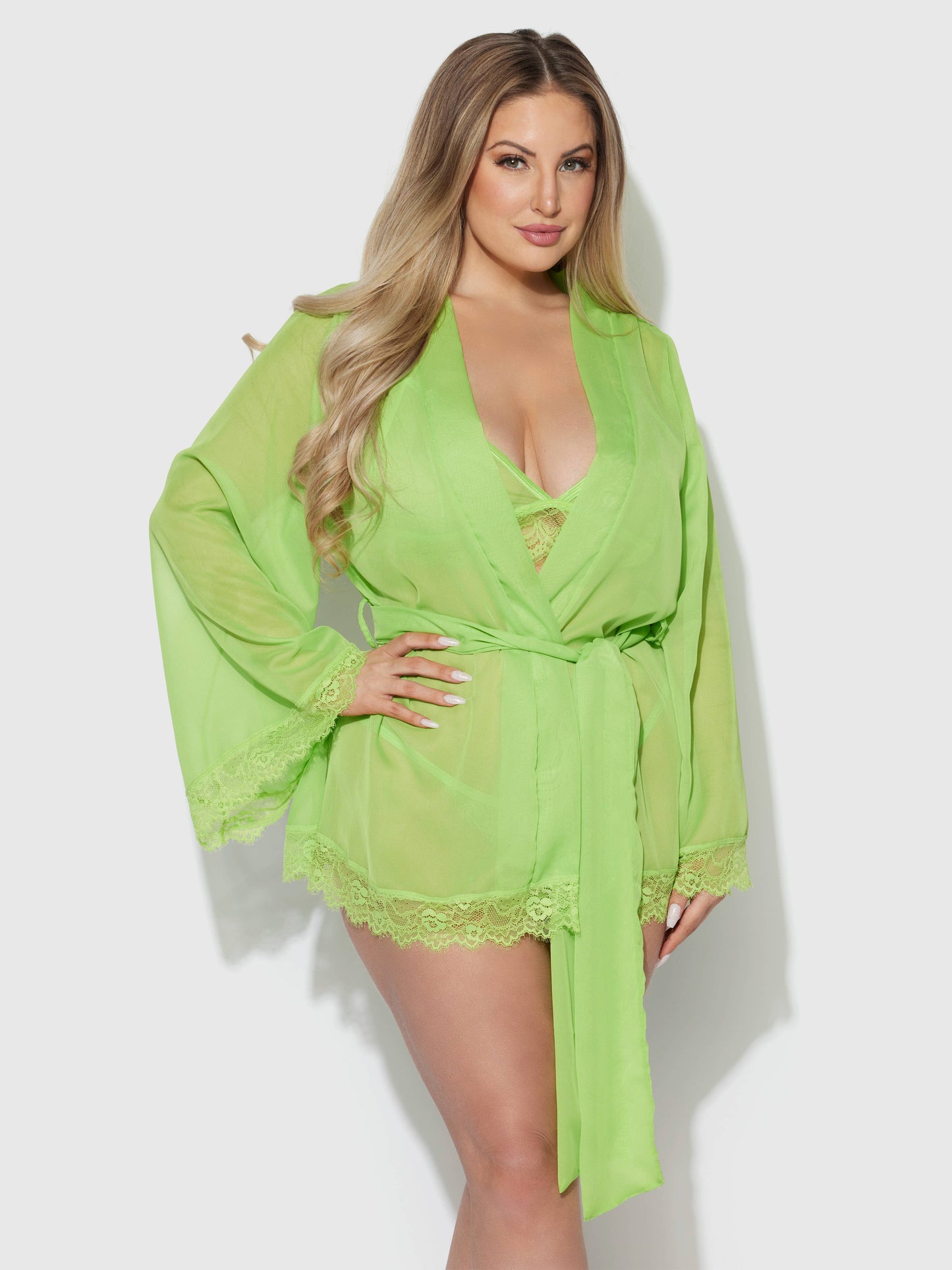 SHAVON LACE & CHIFFON ROBE, BRALETTE & G-STRING SET