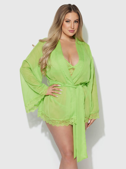 SHAVON LACE & CHIFFON ROBE, BRALETTE & G-STRING SET