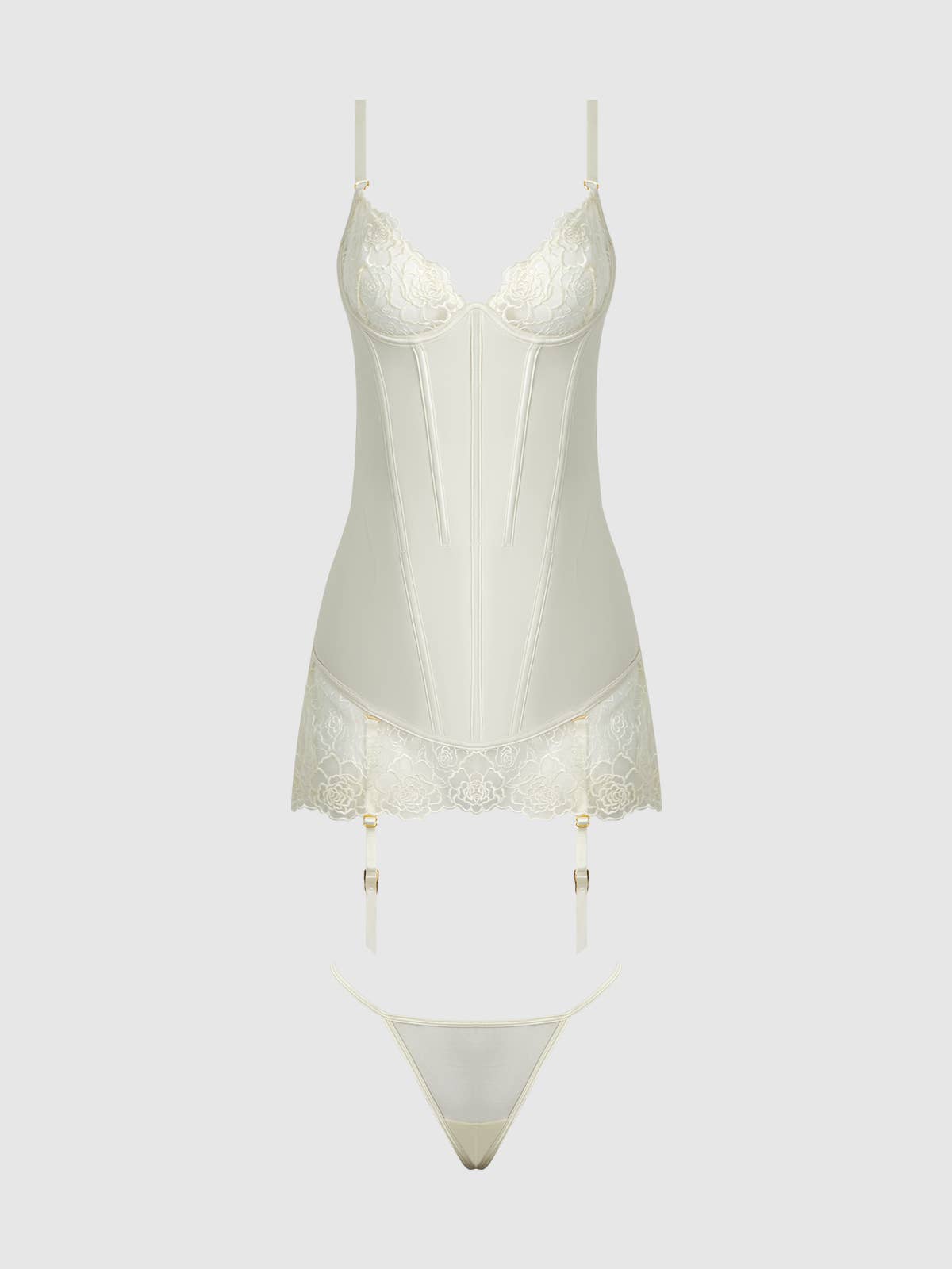 ROSALIE SATIN & EMBROIDERED LACE CHEMISE & G-STRING SET
