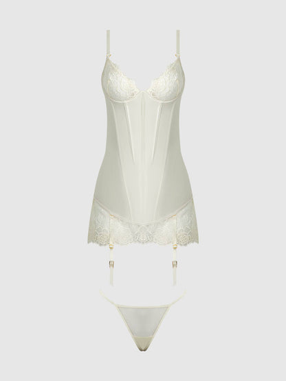 ROSALIE SATIN & EMBROIDERED LACE CHEMISE & G-STRING SET